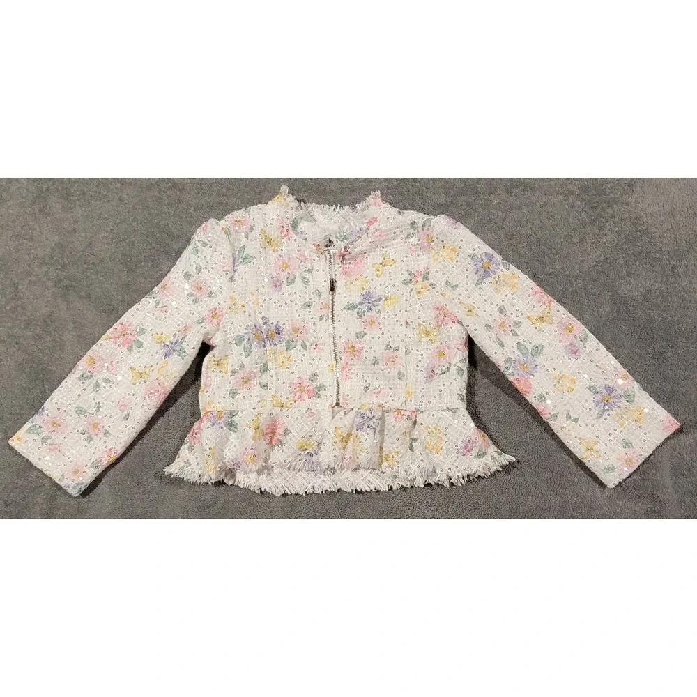 Blueberi Boulevard Girls 5T Floral Tweed Sequin Peplum Jacket White Pink BB5JH68